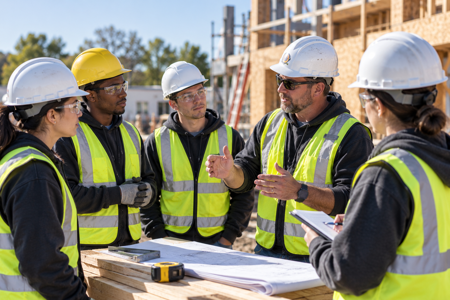 Construction apprentices and an instructor reviewing blueprints together at a building site