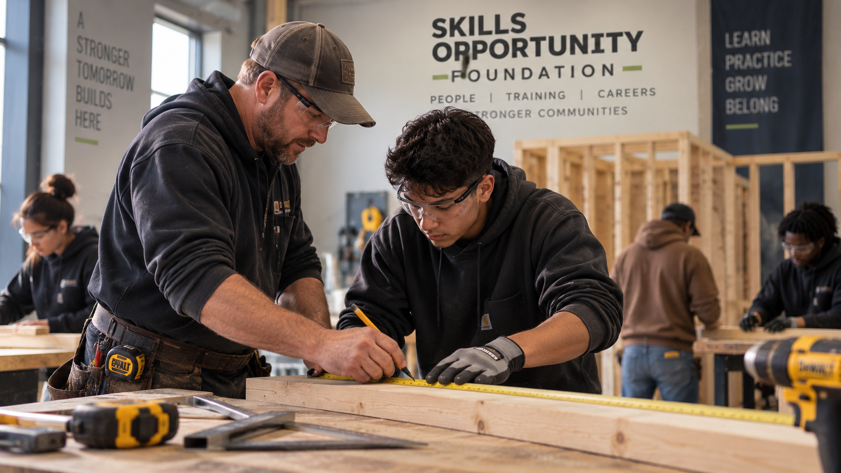An instructor helping a student measure lumber during hands-on carpentry training