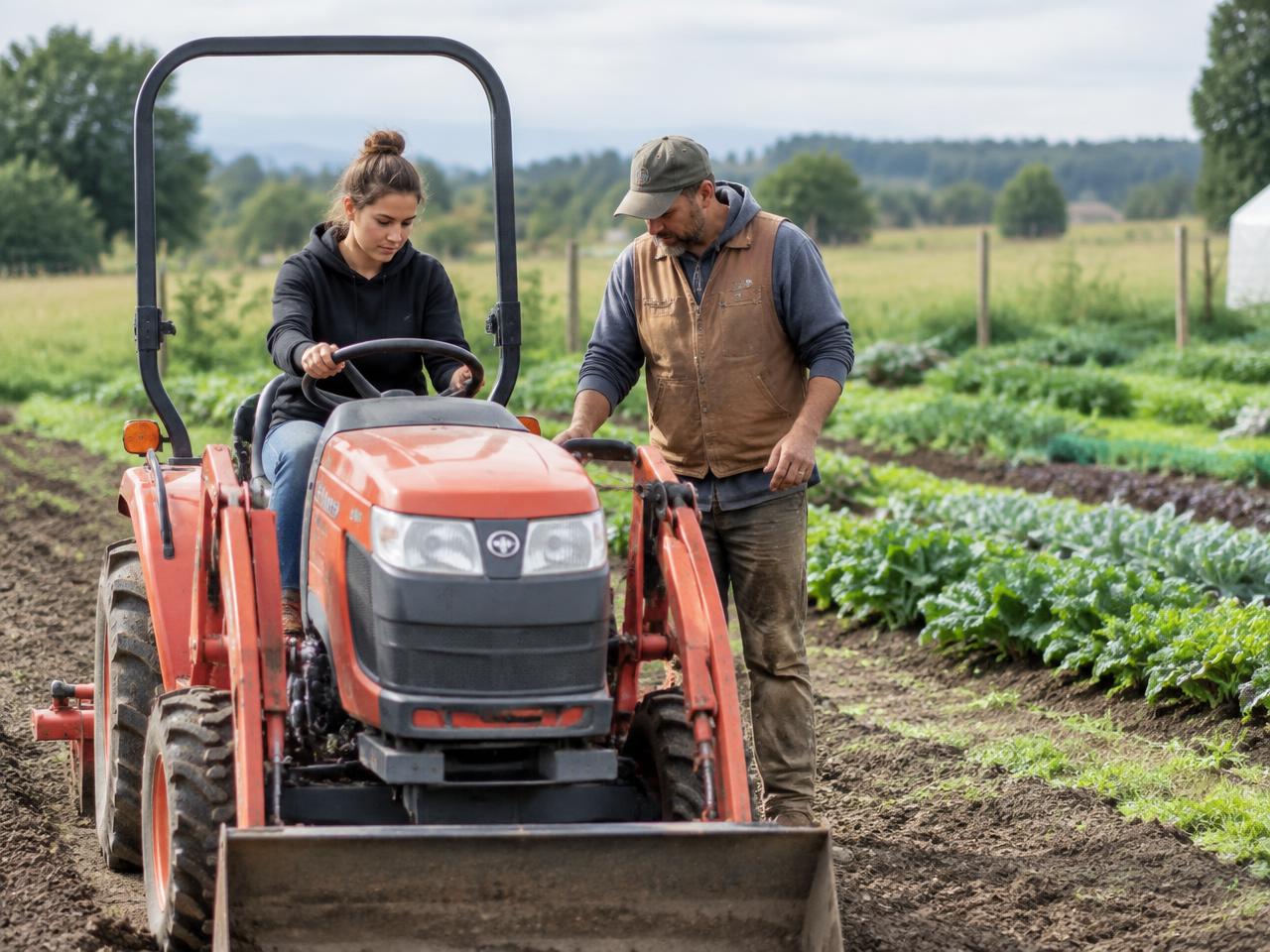 A trainee learns to operate a compact tractor alongside an instructor on a vegetable farm
