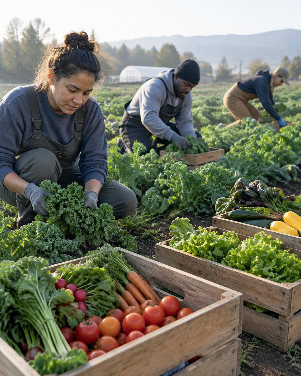 Trainees harvesting fresh vegetables into wooden crates on a community farm