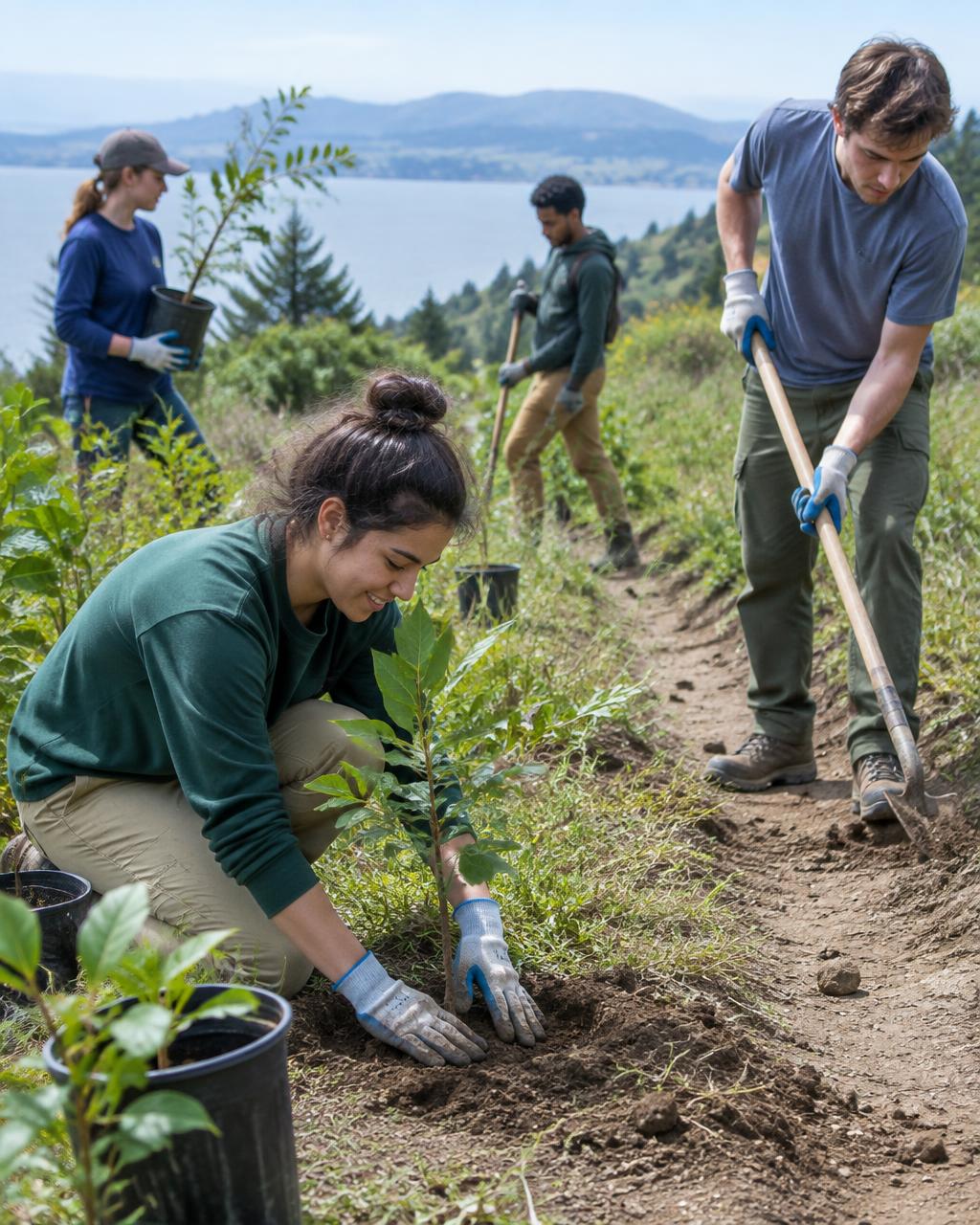 Crew planting young trees along a hillside trail