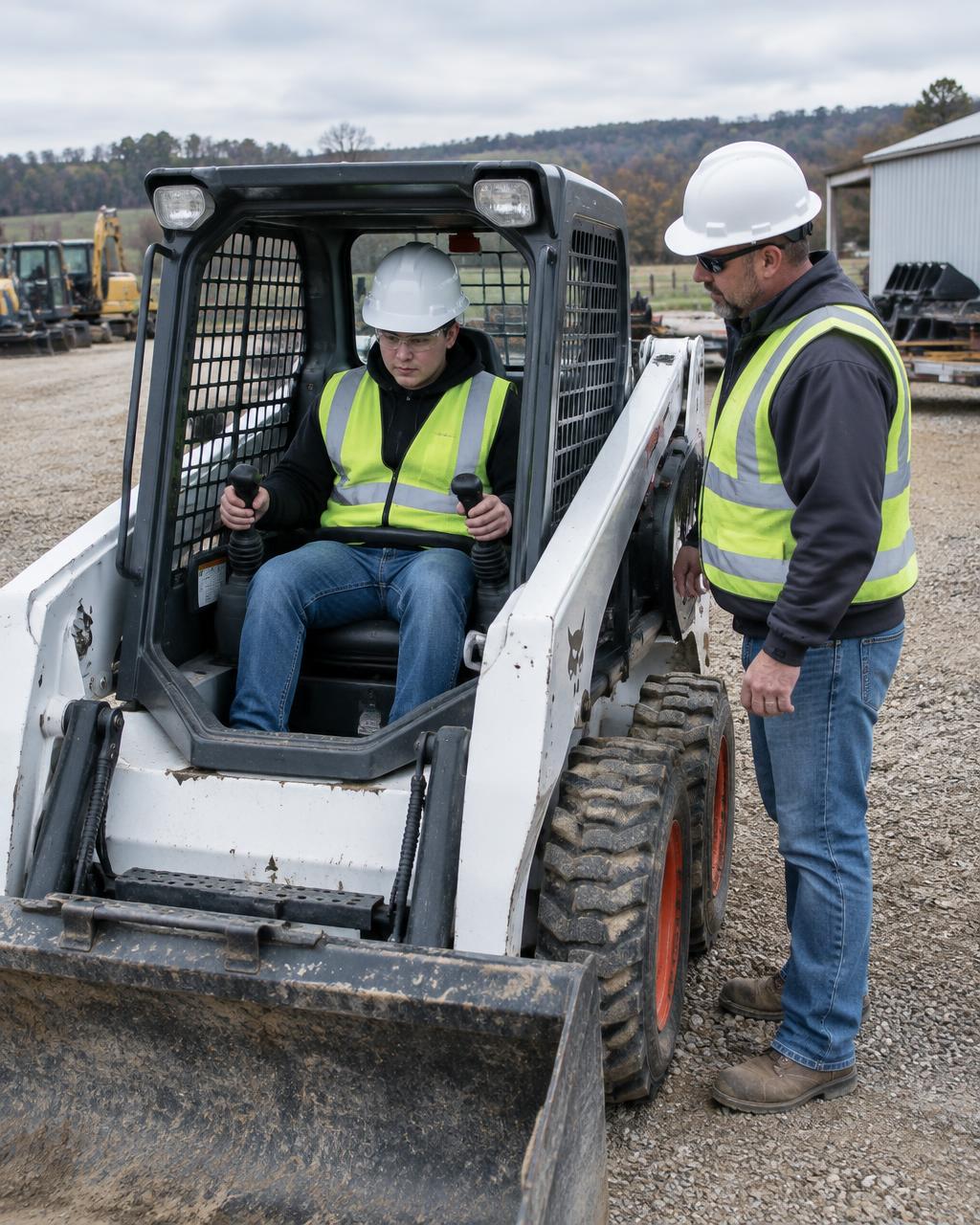 Trainee operating a skid steer loader with an instructor supervising