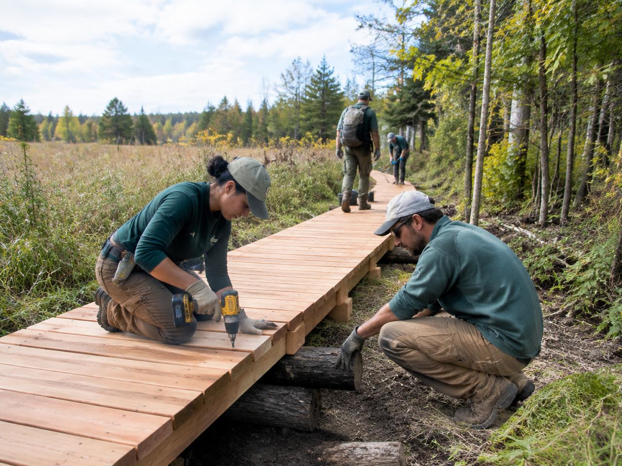 Conservation crew building a timber boardwalk through a prairie