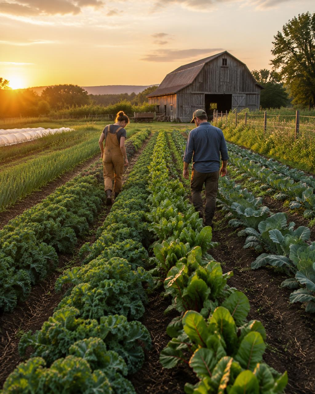 Trainees walking through rows of vegetable crops toward a wooden barn at sunset